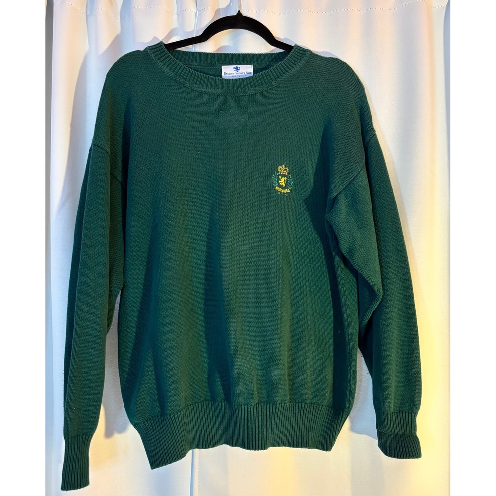 Vintage English Sports Shop Bermuda Mens Green Cotton Knit Crest Sweater Size M